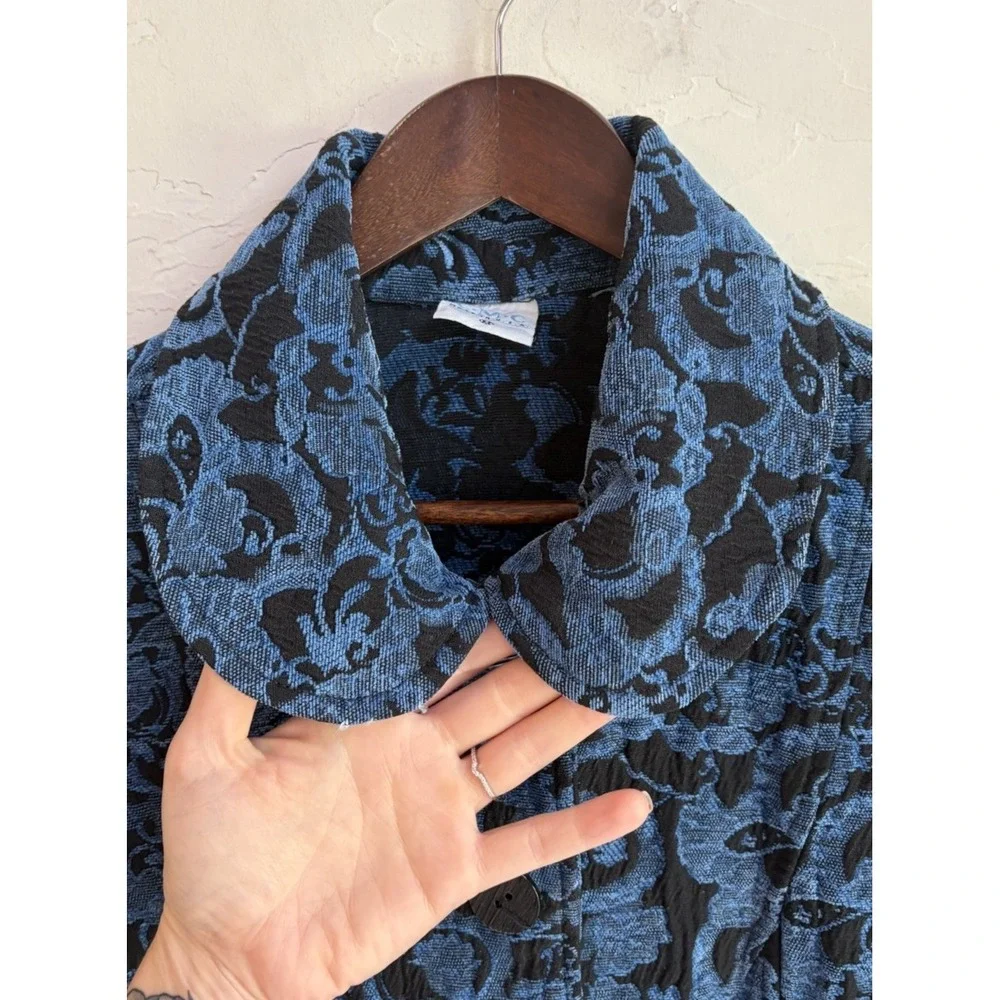 Vintage CMC Blue Floral Tapestry Jacquard Coat M Maximalist Boho Brocade Retro